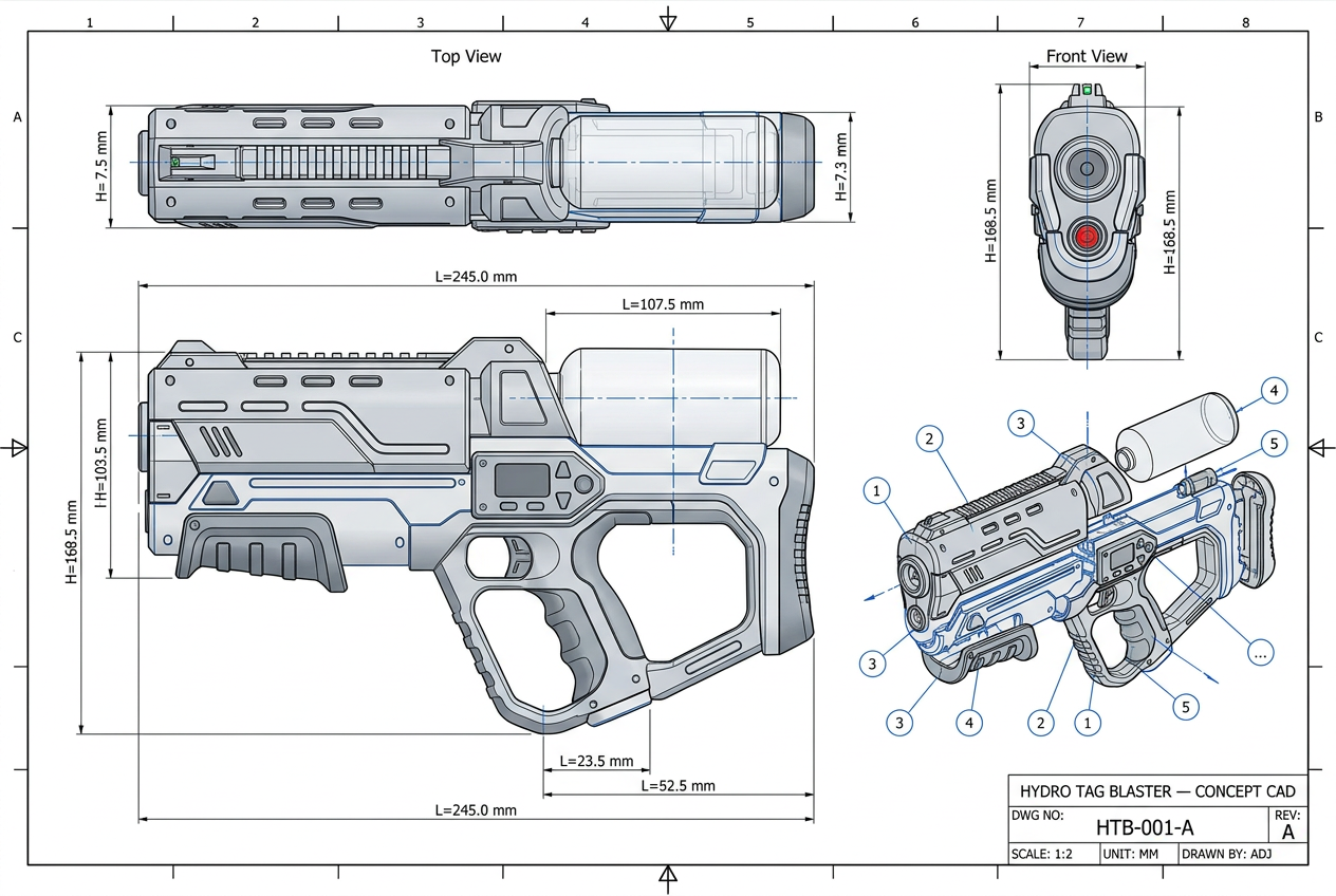 CAD drawing sheet of the Hydro Tag laser-tag squirt gun showing top, side, front and exploded assembly views with dimensions